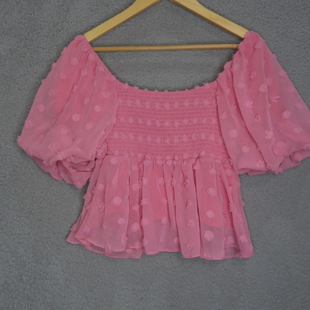 Lush Barbiecore Pink Smocked Peplum Top Puff Sleeve Coquette Cottagecore Medium - Picture 3 of 12